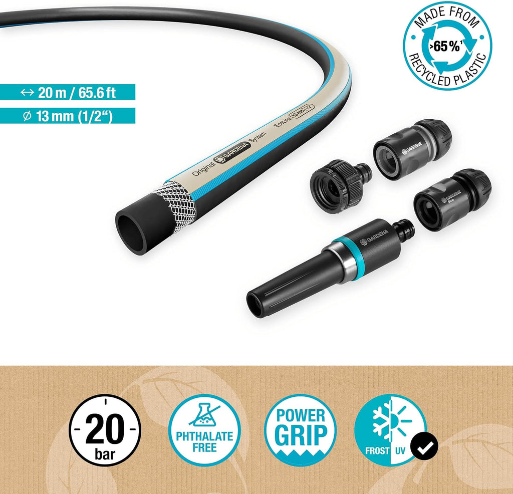 Gardena EcoLine Schlauch 1/2 Zoll, 20m mit Systemteilen: Nachhaltiger Gartenschlauch aus recyceltem Plastik, Phthalat- und schadstoffrei, Power-Grip-Funktion, frostsicher und UV-beständig (18931-20)