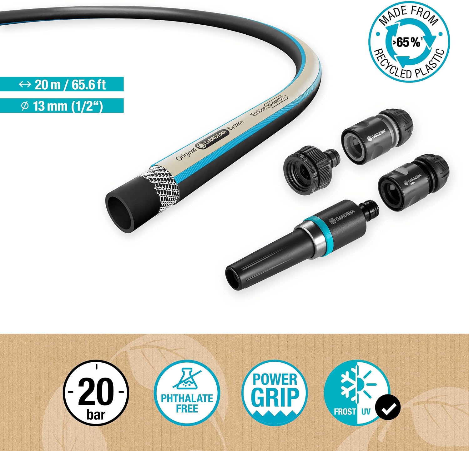 Gardena EcoLine Schlauch 1/2 Zoll, 20m mit Systemteilen: Nachhaltiger Gartenschlauch aus recyceltem Plastik, Phthalat- und schadstoffrei, Power-Grip-Funktion, frostsicher und UV-beständig (18931-20)