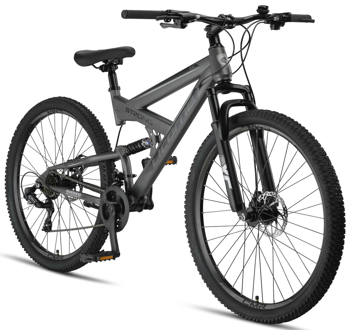 Licorne Bike Strong 2D Premium Mountainbike in 26, 27.5 und 29 Zoll Fahrrad für Jungen Mädchen Damen und Herren Scheibenbremse vorne und hinten 21 Gang Schaltung Vollfederung