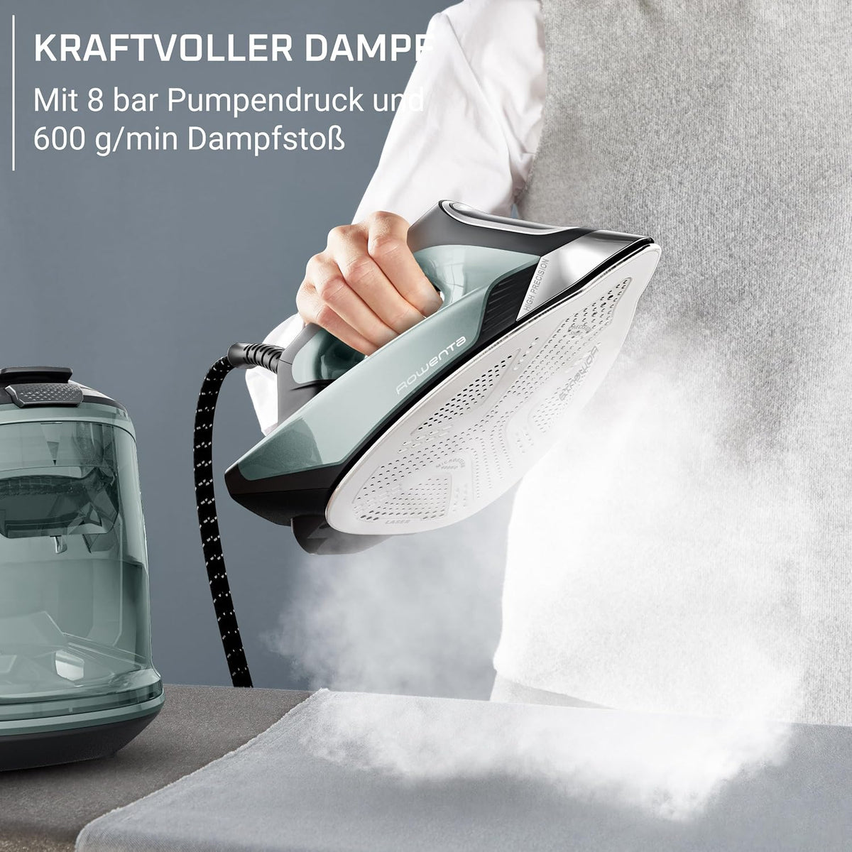 Rowenta Force Pro 500 Dampfbügelstation, 2800 W, 130 g/min variable Dampfmenge, Dampfstoß von 600 g/min, spart Energie, Quicksteam-Technologie, Eucalyptus/Schwarz, VR9042F0
