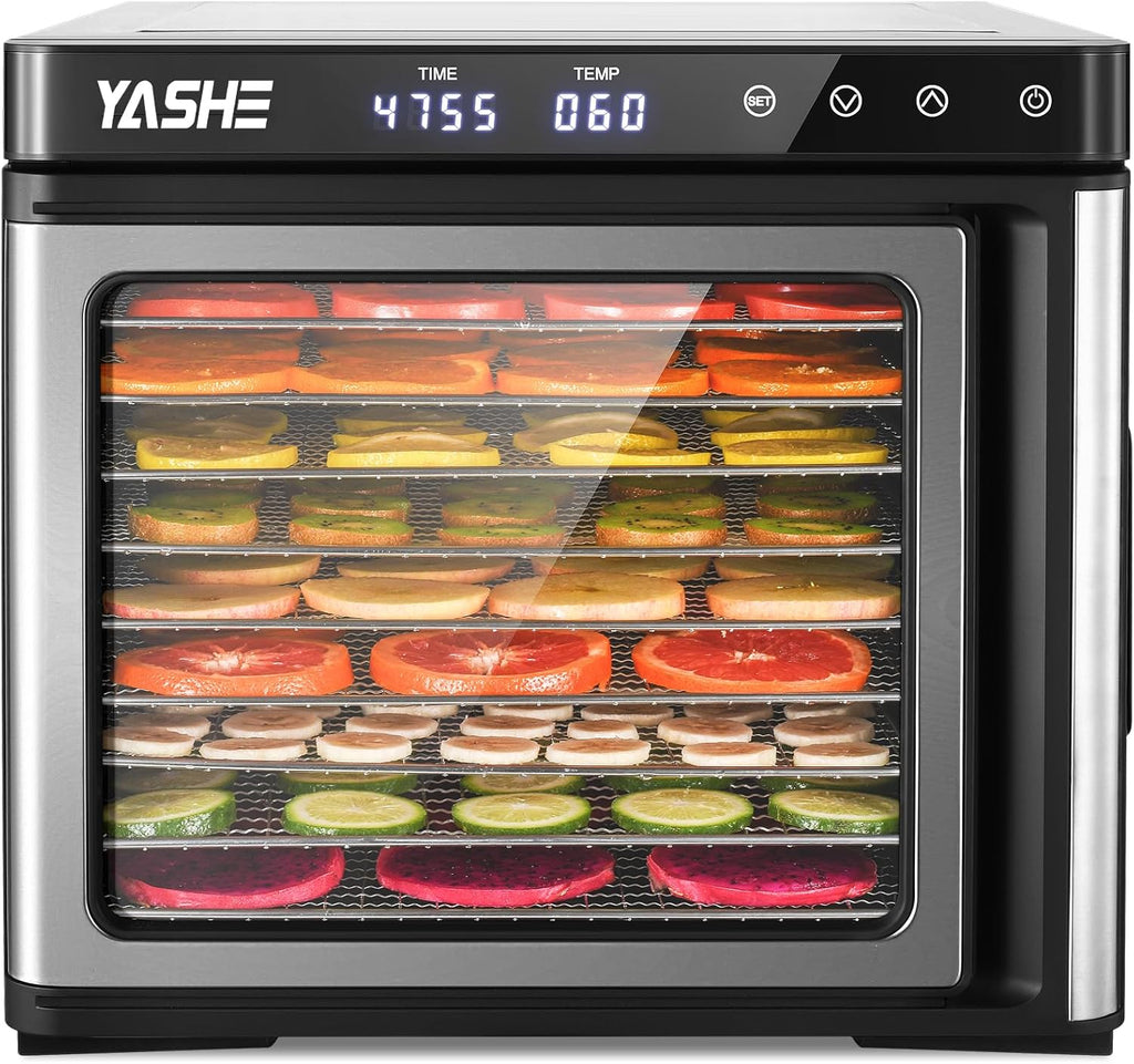 Edelstahl Dörrautomat, 1000W Dörrgerät für Obst und Gemüse mit LED-Anzeige, präziser Temperaturregelung (35-75°C), 48-Stunden-Timer, 9 Edelstahlschalen, 2 Maschensiebe, 1 Schale für Obstrolleno