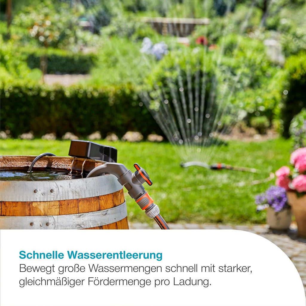 Gardena Akku-Regenfasspumpe 2000/2 18V P4A Ready-To-Use Set: Hohe Fördermenge und Druck, Verstellbare Leistungsstufen, Trockenlaufsicherung, Teleskoprohr, Kabellos (14602-20)