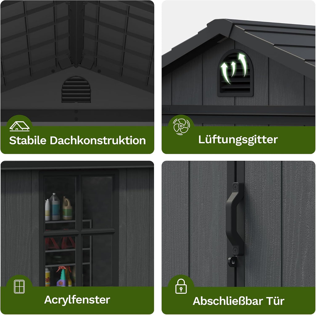 Devoko Gartenhaus Kunststoff 116x116x171cm Gerätehaus mit Boden, Dunkelgrau