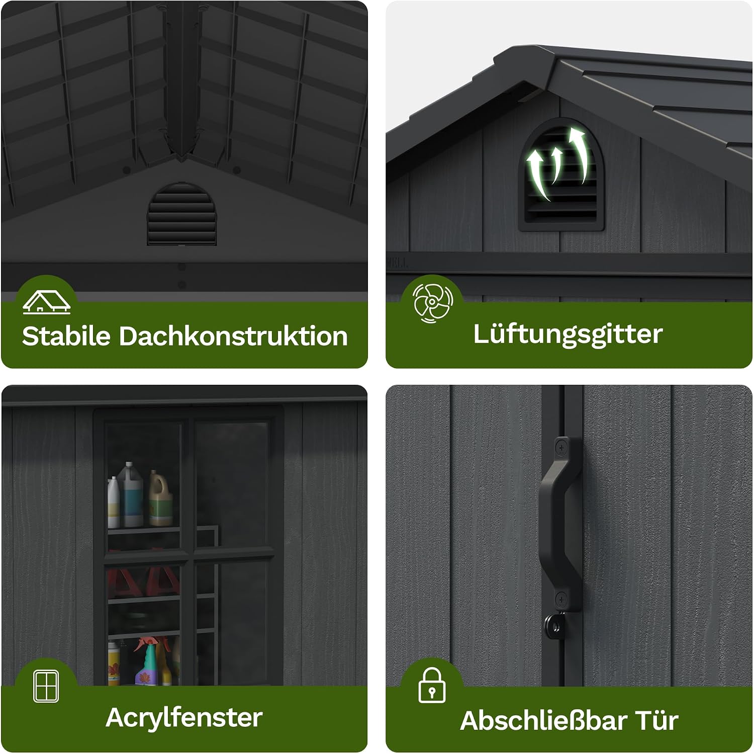 Devoko Gartenhaus Kunststoff 116x116x171cm Gerätehaus mit Boden, Dunkelgrau