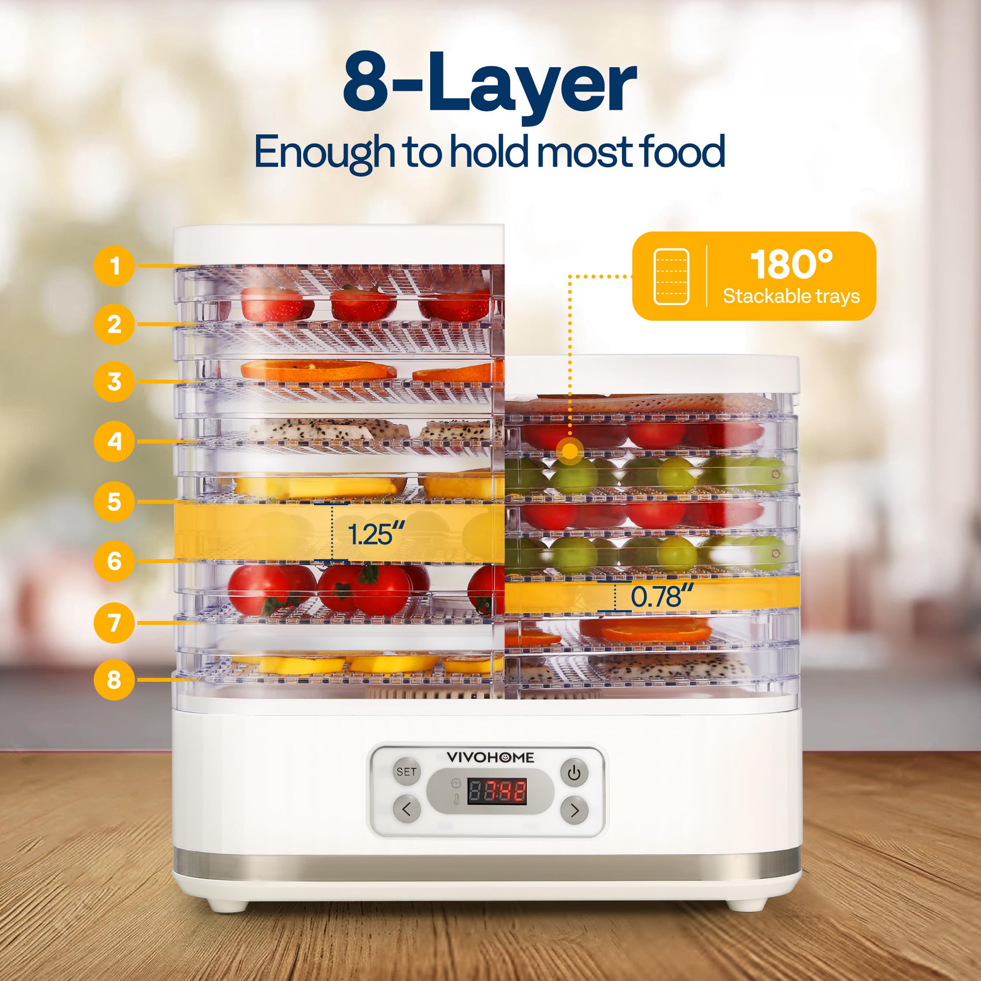 VIVOHOME Dörrautomat mit 8 Einlegefächern 400W BPA frei Dörrgerät mit Temperaturregler von 35°C bis 70°C inkl.72H Timer und Rezept für Fleisch,Obst,Haustier-Leckereieneo