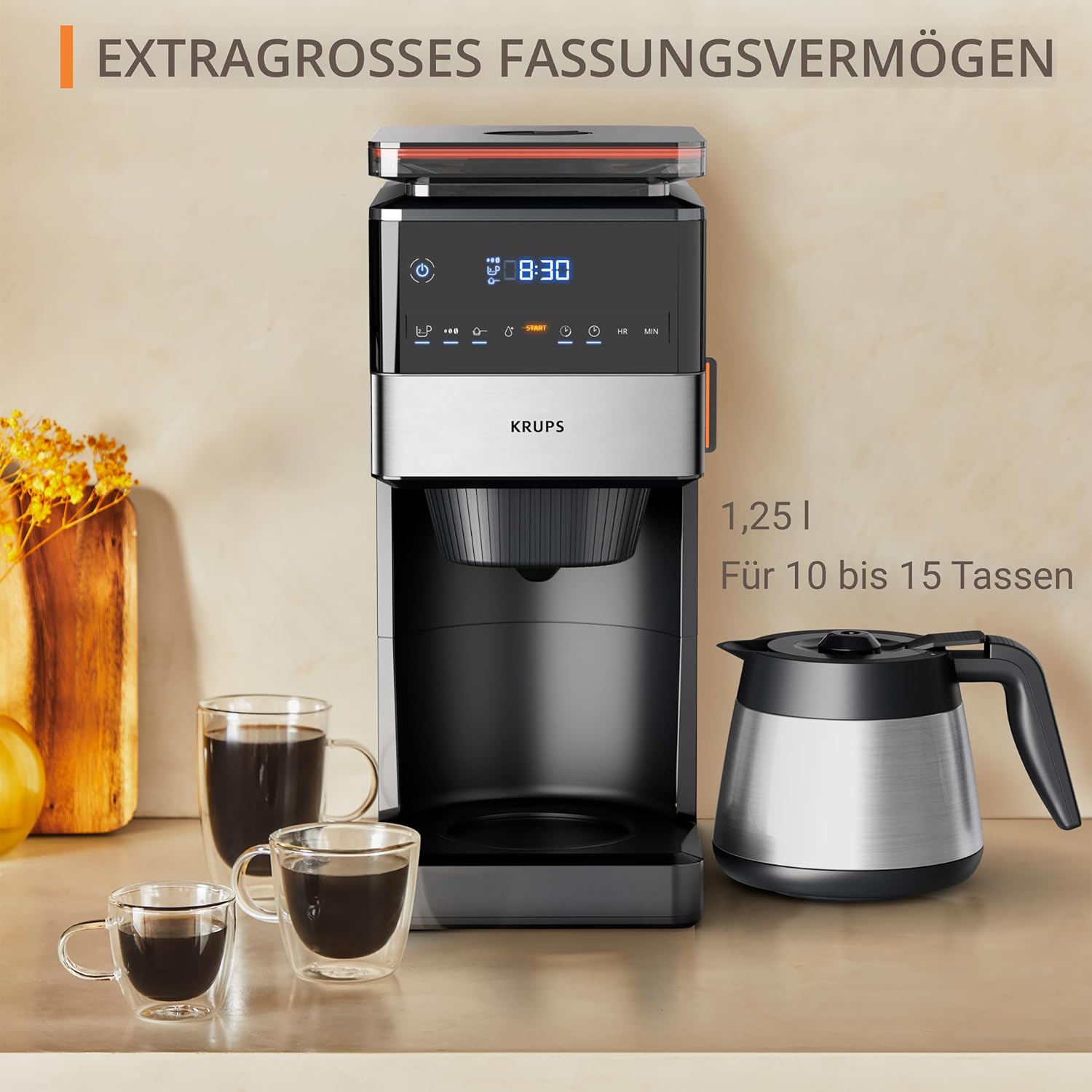 KRUPS Grind Aroma XL Filterkaffeemaschine, abnehmbares Kegelmahlwerk, digitales Bedienfeld, XL-Fassungsvermögen (1,25 L), Edelstahl-Thermoskanne, Schwarz/Edelstahl, KT842810