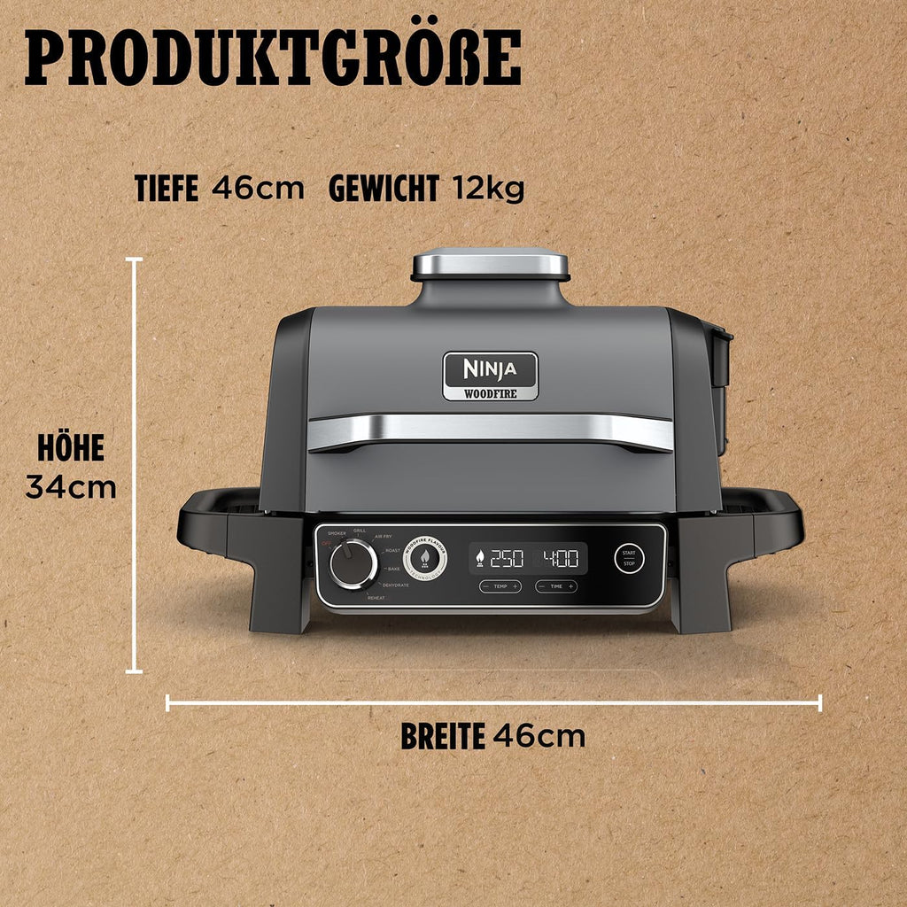 Ninja Woodfire Elektrogrill, Camping-Grill mit Smoker-& Heißluftfritteuse, 7-in-1-Outdoor Grill, räuchern, braten, backen, wetterfest, antihaftbeschichtet, tragbar, Grau/Schwarz OG701EU