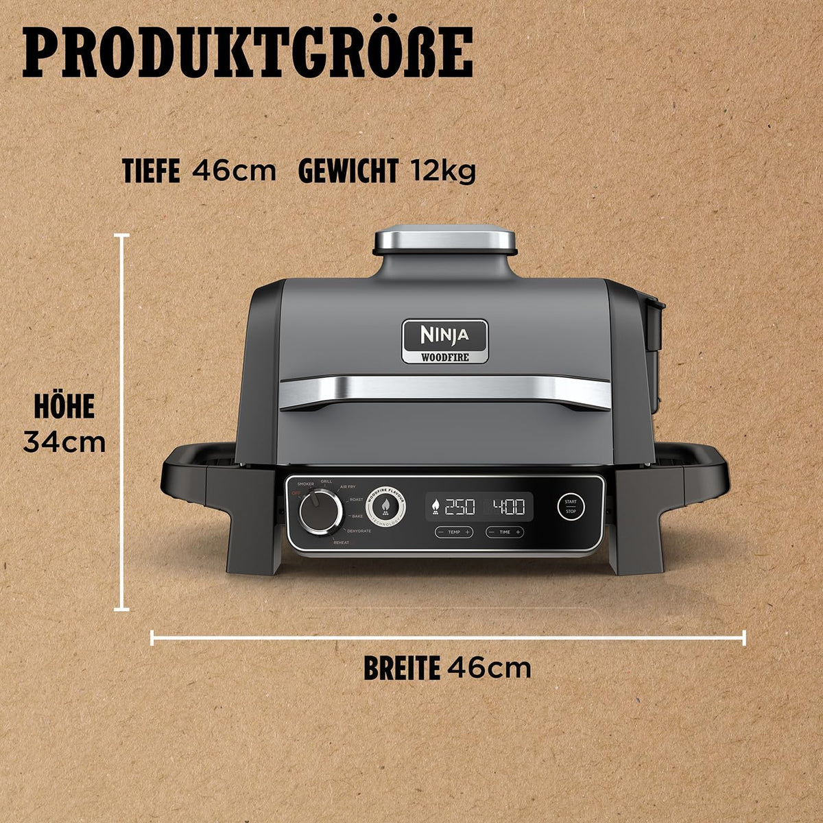 Ninja Woodfire Elektrogrill, Camping-Grill mit Smoker-& Heißluftfritteuse, 7-in-1-Outdoor Grill, räuchern, braten, backen, wetterfest, antihaftbeschichtet, tragbar, Grau/Schwarz OG701EU