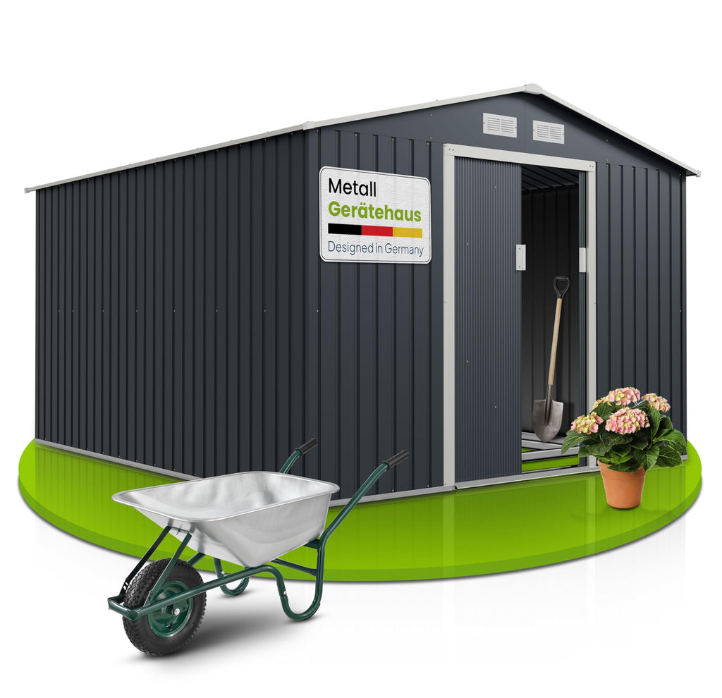Juskys Geräteschuppen Metall XL – Gartenhaus & Gerätehaus mit Schiebetür, Fundamentrahmen & Schloss, wetterfester Gartenschrank zur Aufbewahrung – Dunkelgrau