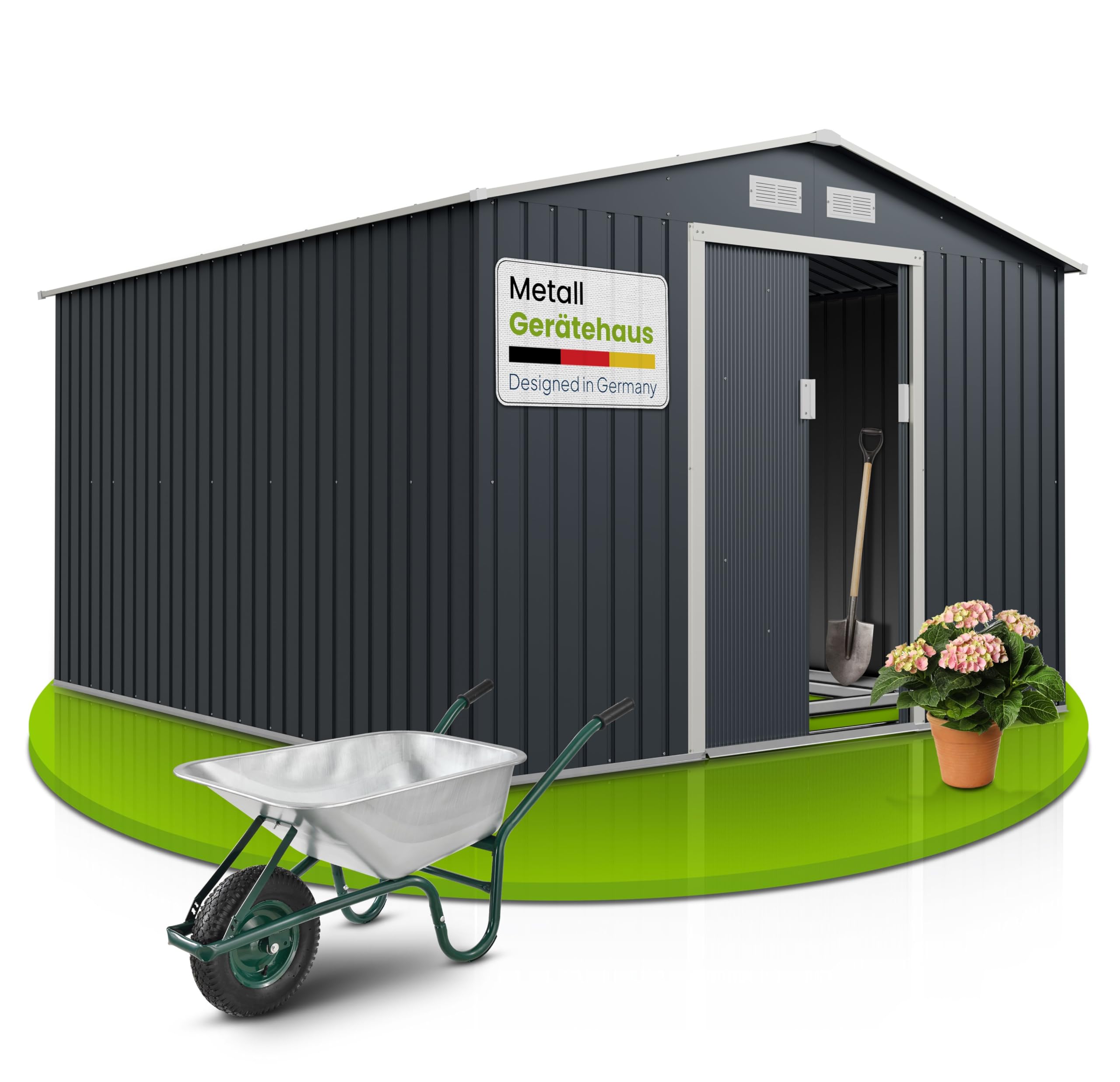 Juskys Geräteschuppen Metall XL – Gartenhaus & Gerätehaus mit Schiebetür, Fundamentrahmen & Schloss, wetterfester Gartenschrank zur Aufbewahrung – Dunkelgrau