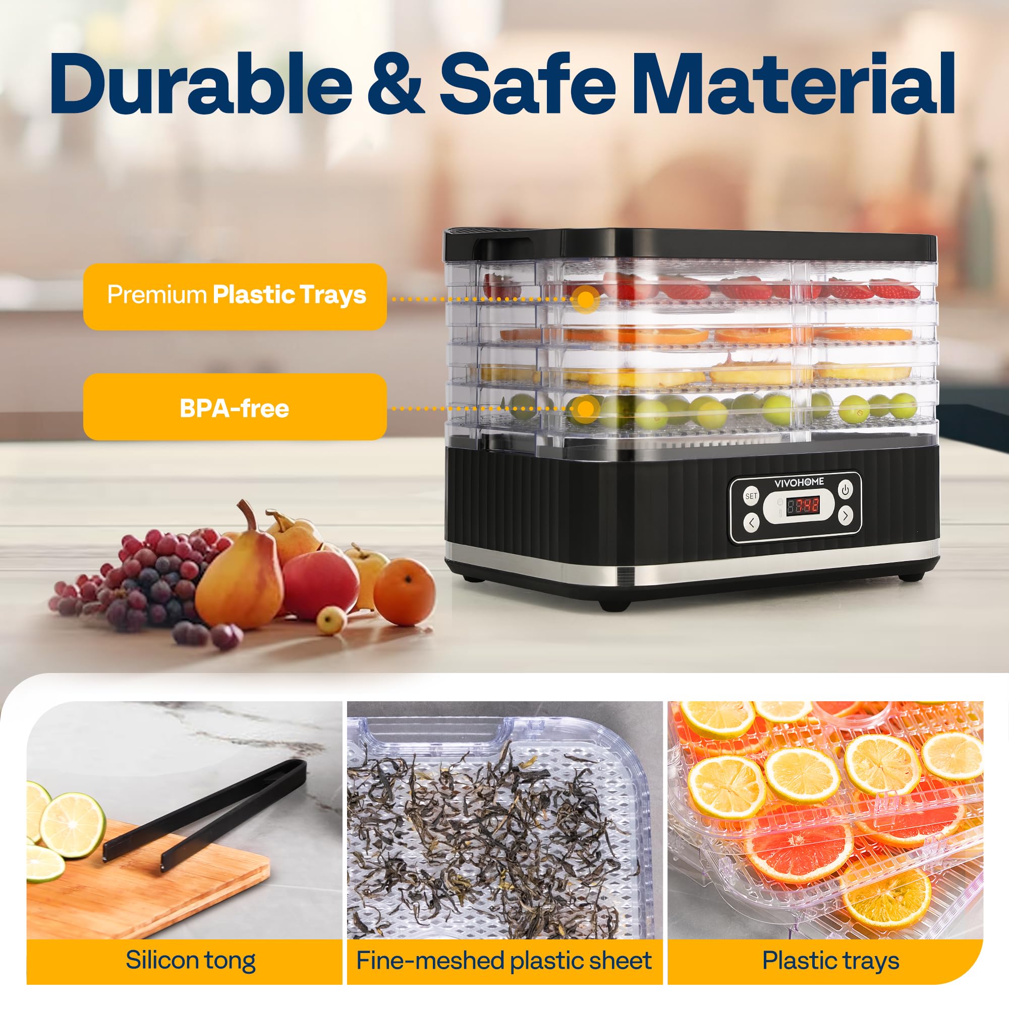 VIVOHOME Dörrautomat mit 8 Einlegefächern 400W BPA frei Dörrgerät mit Temperaturregler von 35°C bis 70°C inkl.72H Timer und Rezept für Fleisch,Obst,Haustier-Leckereieneo