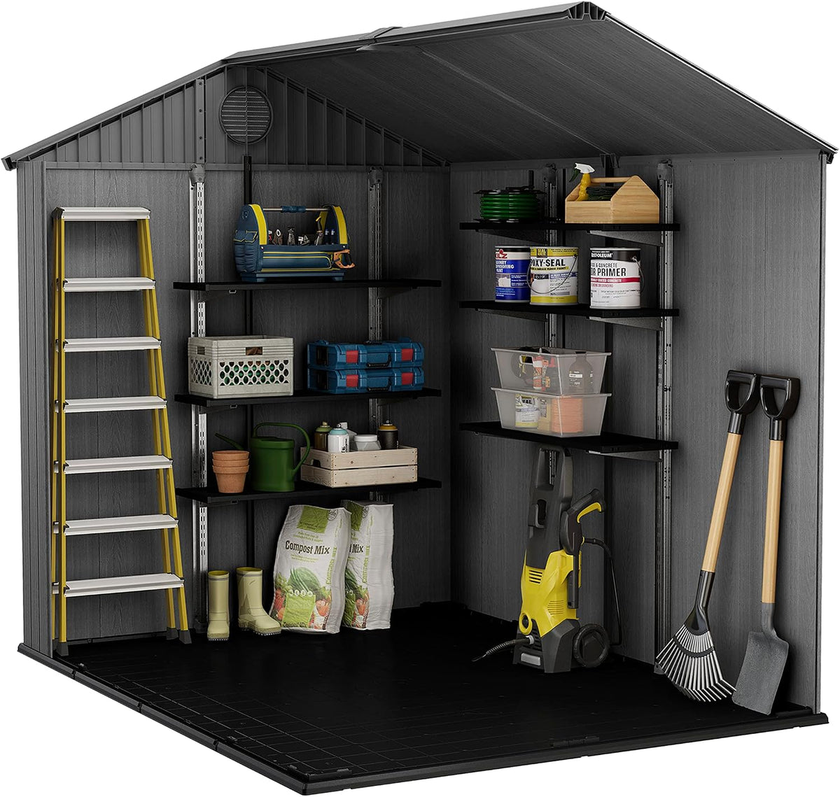 Keter Gerätehaus Darwin 6x8, Grau, Außenmaße 190x244x221cm, wartungsfrei, wetterfest, wasserdicht, mit Unterboden
