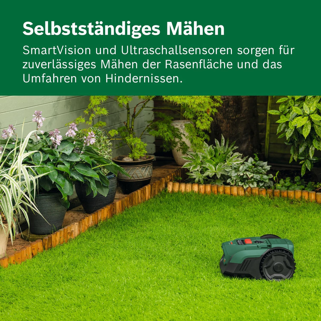 Bosch Akku-Mähroboter VISIMOW18V-100 (für Rasenflächen bis 100 m², Schnittbreite: 16 cm, Schnitthöhe: 20-60 mm, mit Ersatzmessern, inkl. Akku und Ladegerät)