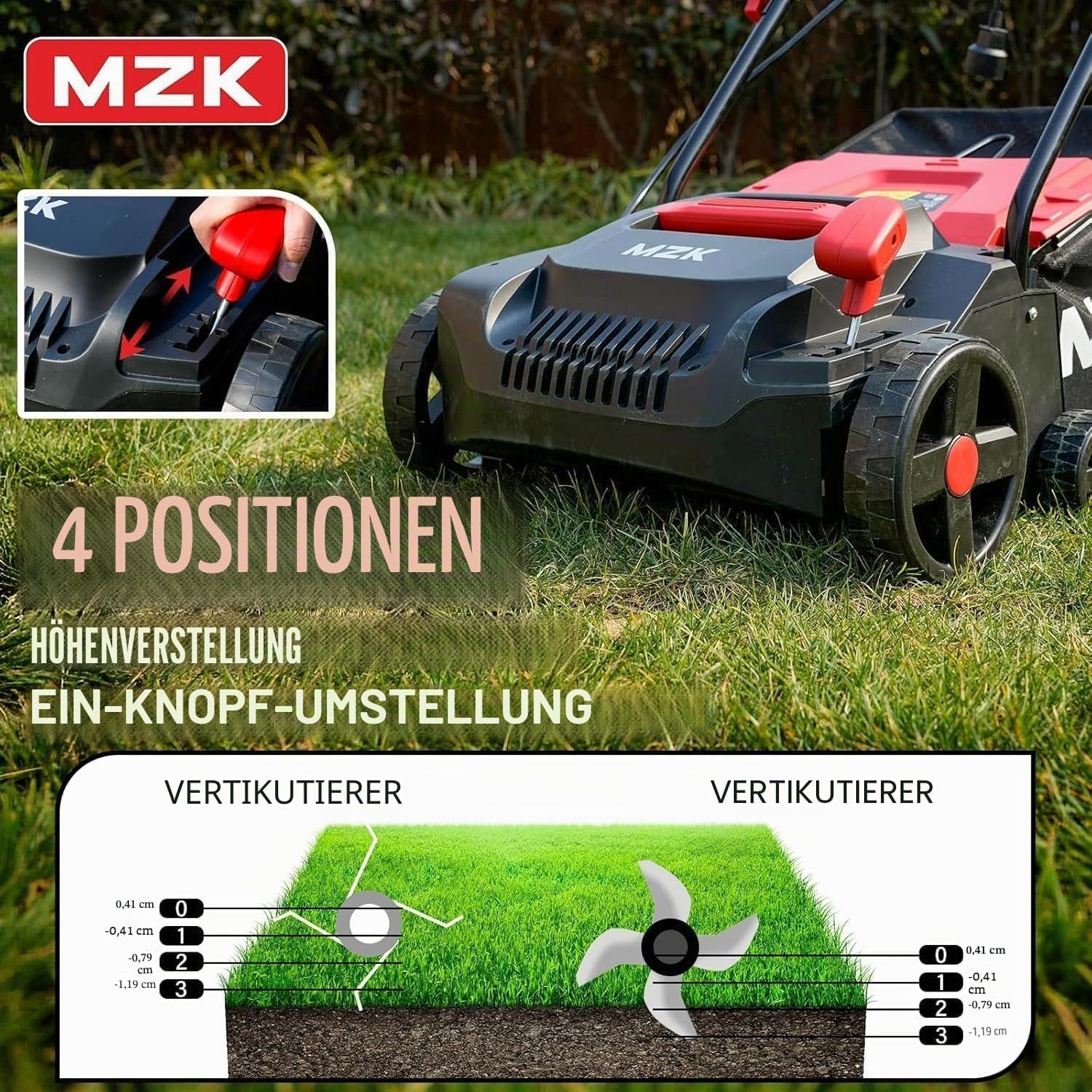 MZK Elektro Vertikutierer & Rasenlüfter, 38 cm, 3700 U/min