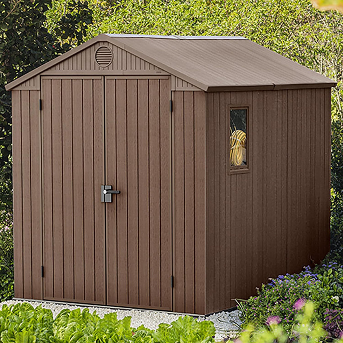Keter Gerätehaus Darwin 6x8, Braun, Außenmaße 190x244x221cm, wartungsfrei, wetterfest, wasserdicht, mit Unterboden