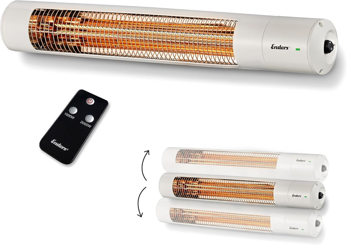 Enders Wandheizstrahler Oxeo White, Elektrostrahler, Heizpilz, Halogenstrahler, Infrarot-Strahlungswärme, 3 Leistungseinstellungen bis 2.000 W, Fernbedienung und Wandhalterung, Neigungswinkel #49286