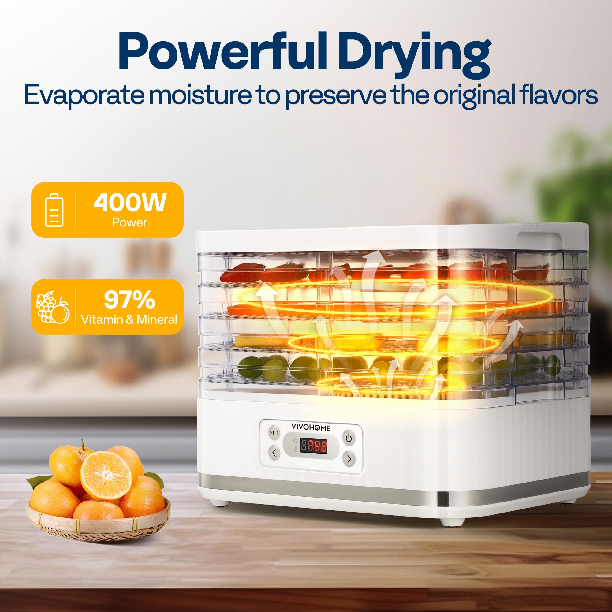 VIVOHOME Dörrautomat mit 8 Einlegefächern 400W BPA frei Dörrgerät mit Temperaturregler von 35°C bis 70°C inkl.72H Timer und Rezept für Fleisch,Obst,Haustier-Leckereieneo