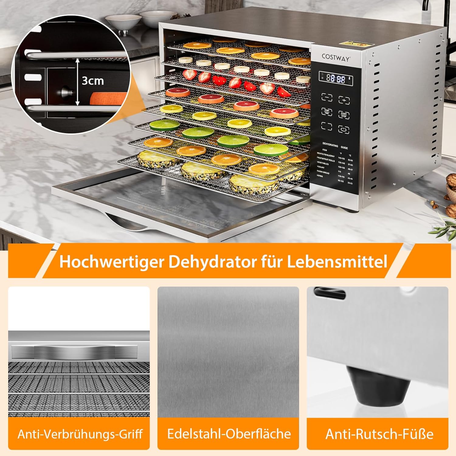 COSTWAY Dehydrator with 8 Grid Trays, 620W Dehydrator 30-70°C Temperature Control & 24H Timer, Overheating & Overload Protection, Food Dryer for Fruit, Meat, Vegetableso