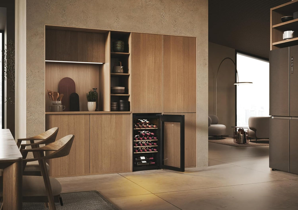 Haier HWS34GGH1 Series 3 Wine Fridge | For 34 bottles, modern wine fridge with UV glass door and 5 wooden shelves, wine cooler with Wi-Fi and touch display