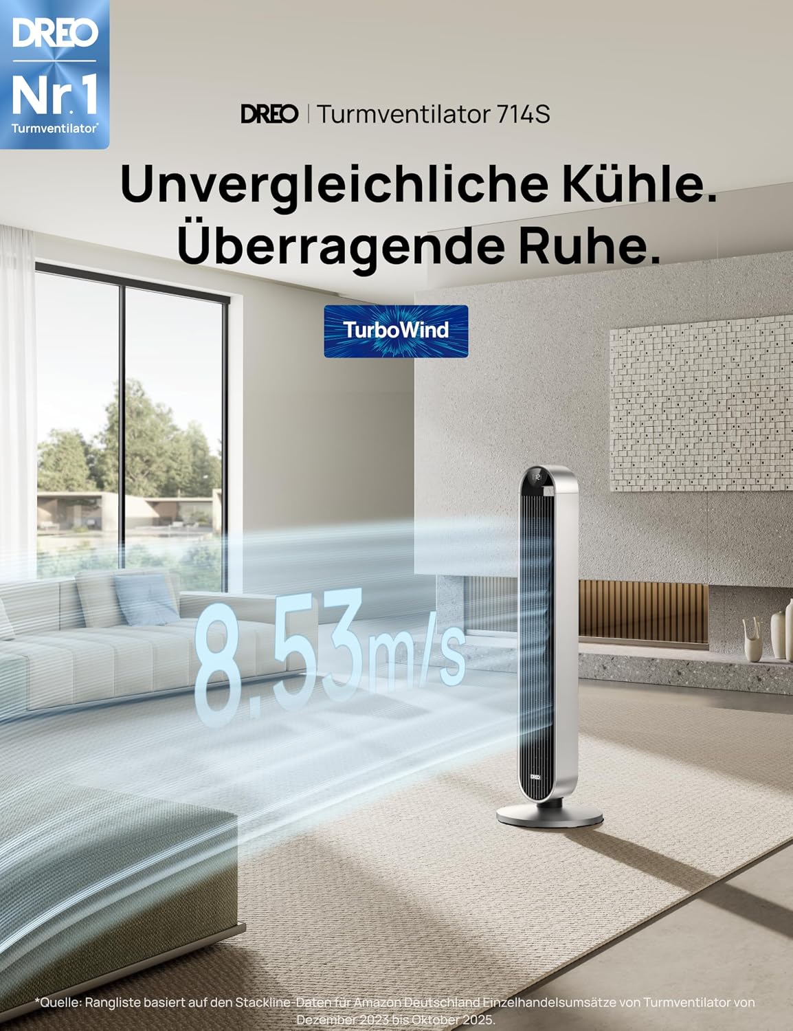 DREO Smart Turmventilator Sehr Leise, 120° Oszillierender Ventilator mit Kühlung, 25dB Standventilator mit Fernbedienung für Schlafzimmer, 12 Geschwindigkeiten, 4 Modi, 12-Stund-Timer, Pilot Max S