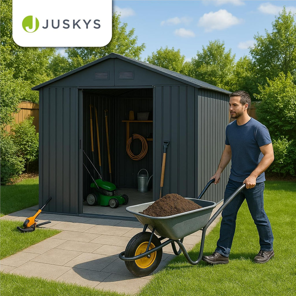 Juskys Geräteschuppen Metall XL – Gartenhaus & Gerätehaus mit Schiebetür, Fundamentrahmen & Schloss, wetterfester Gartenschrank zur Aufbewahrung – Dunkelgrau
