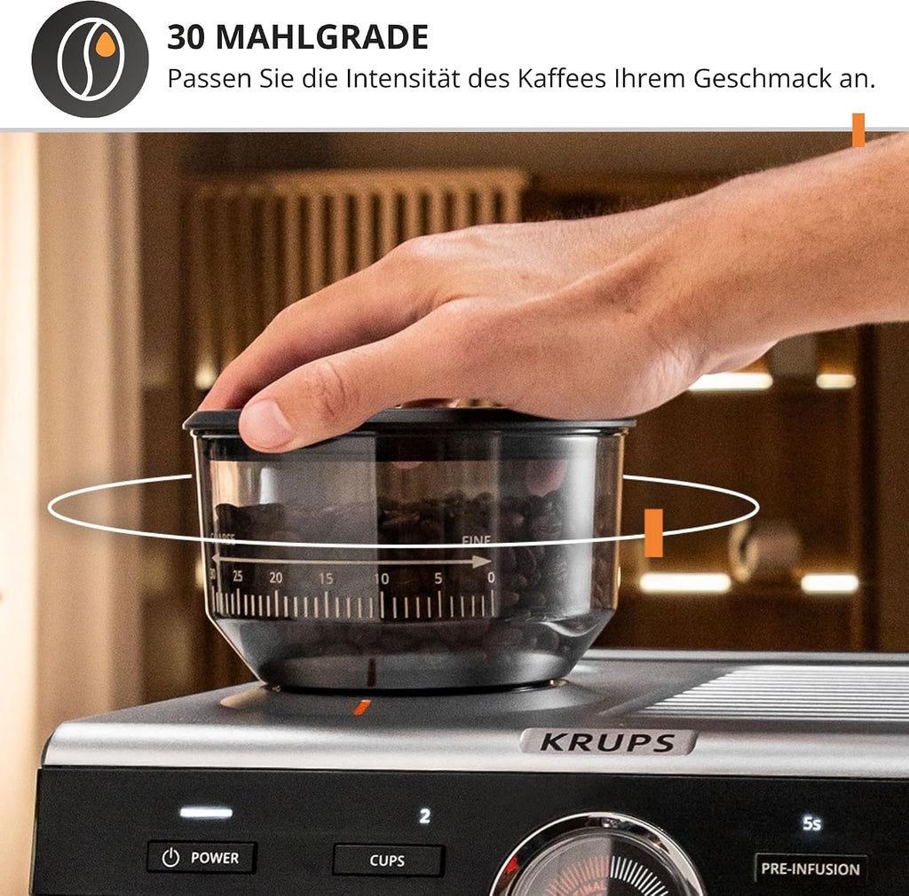 Krups Precision manuelle Siebträgermaschine mit Mahlwerk, Barista Kaffeemaschine mit intuitiver Bedienfläche, Pre-Infusion-Einstellungen, Espressomaschine mit Dampfdüse, schnelles Aufheizen, XP801T10