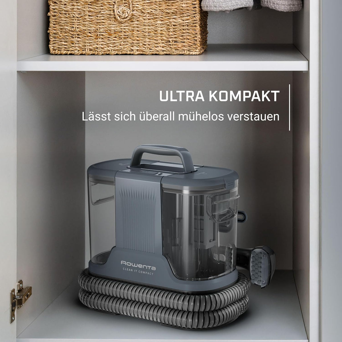 Rowenta Clean It Fleckenreiniger, tragbarer Multi-Reinigungs-Teppichreiniger, kompaktes Design, ideal für Haustierschmutz, 400 Watt, 1,5-Liter-Frischwassertank, Grau, IN3011F0