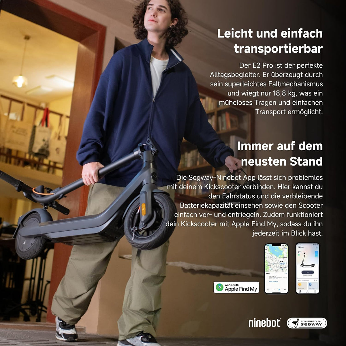Segway-Ninebot E2 Pro D E-Scooter, 20 km/h, bis zu 35 km Reichweite, 275 Wh Akku, 10 Zoll schlauchlose Luftreifen, TCS, Dual-Bremssystem, LED-Display, faltbar, Schwarz