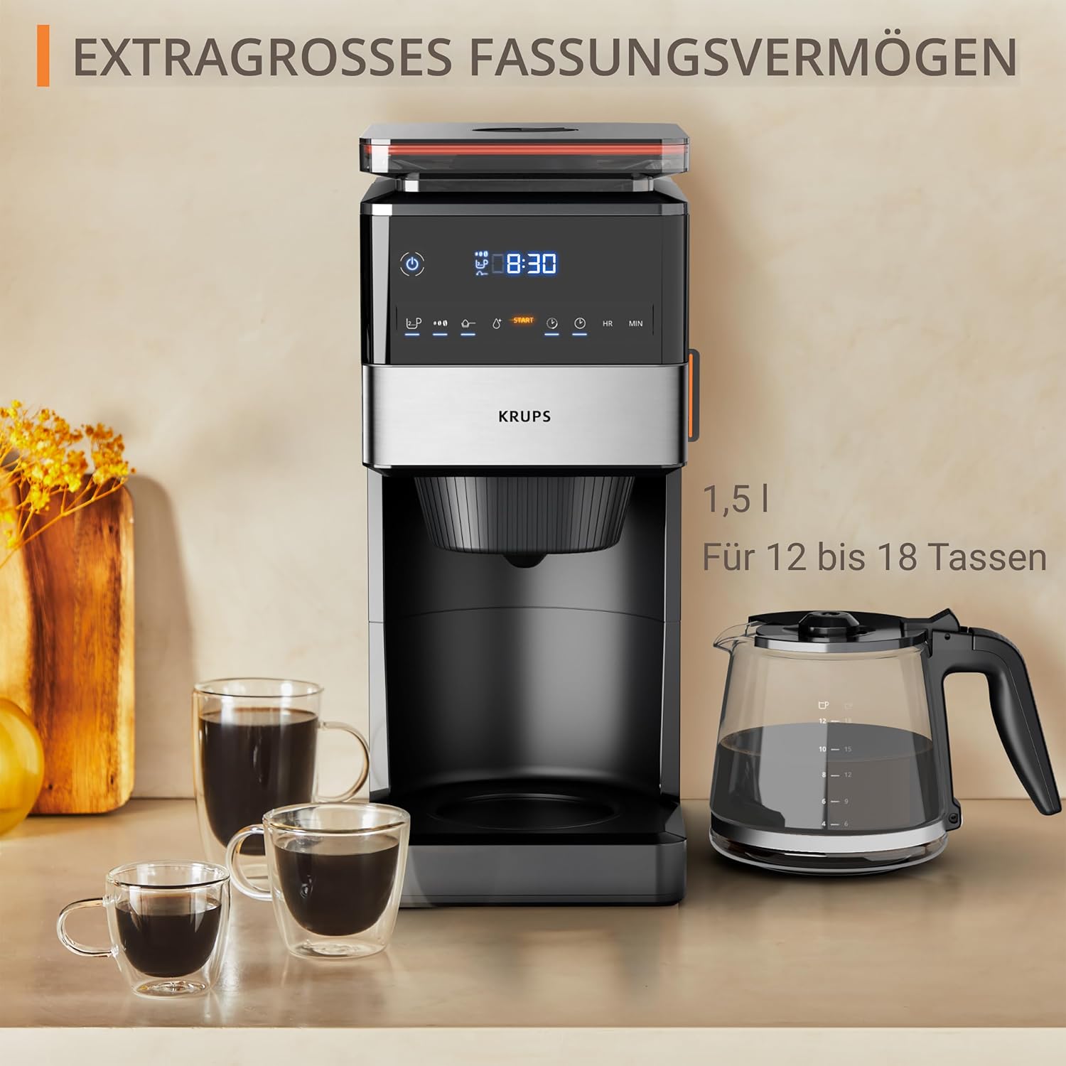 KRUPS Grind Aroma XL Filterkaffeemaschine, abnehmbares Kegelmahlwerk, digitales Bedienfeld, XL-Fassungsvermögen (1,5 L), Warmhaltefunktion, Glaskanne, Schwarz/Edelstahl, KM842810
