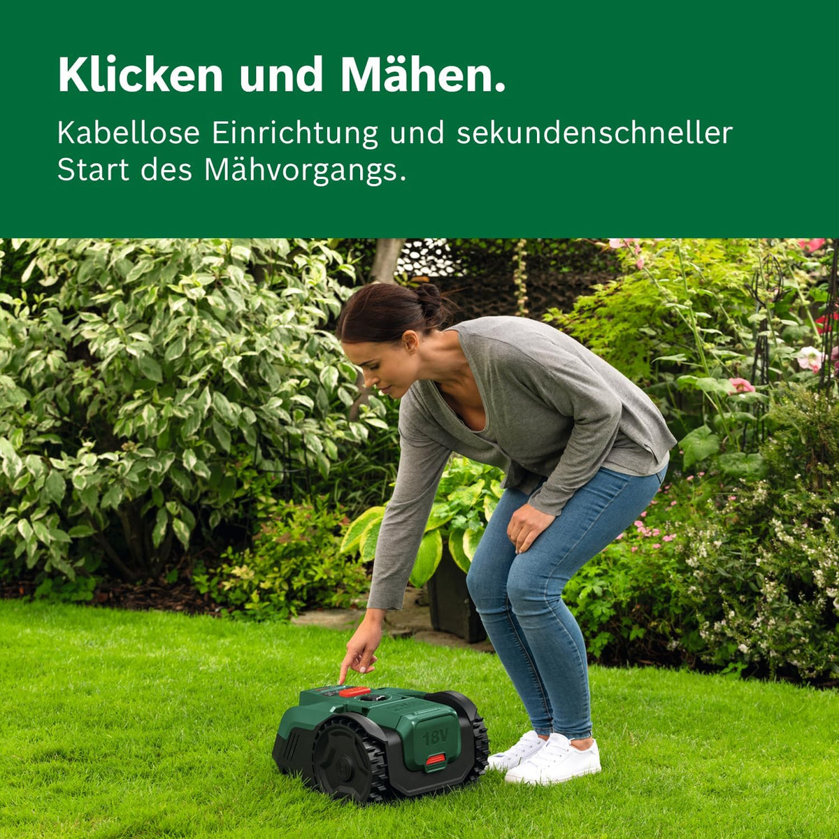 Bosch Akku-Mähroboter VISIMOW18V-100 (für Rasenflächen bis 100 m², Schnittbreite: 16 cm, Schnitthöhe: 20-60 mm, mit Ersatzmessern, inkl. Akku und Ladegerät)