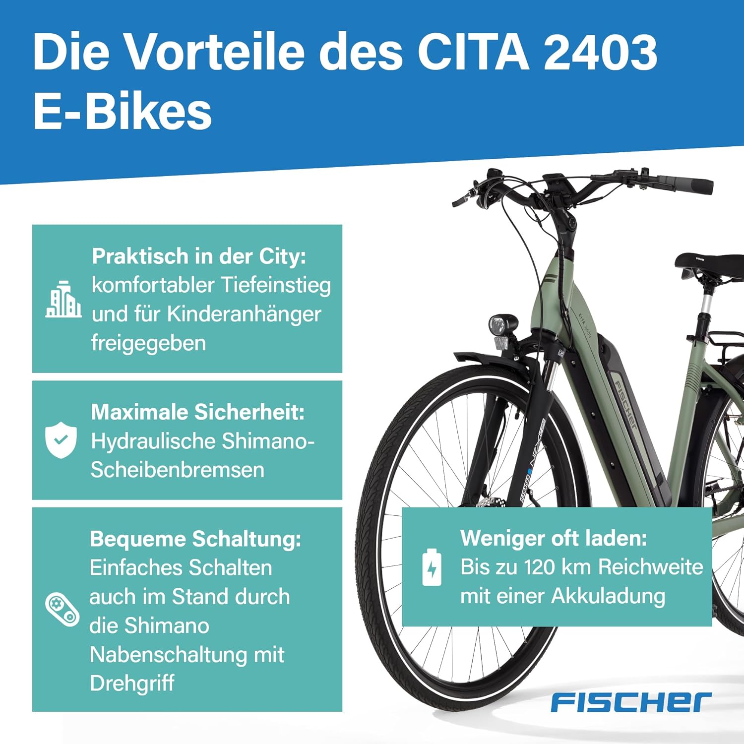 Fischer E-Bike City CITA 2403 Active Elektrofahrrad für Damen und Herren, RH 43, Frontmotor 40 Nm, 48 V Akku