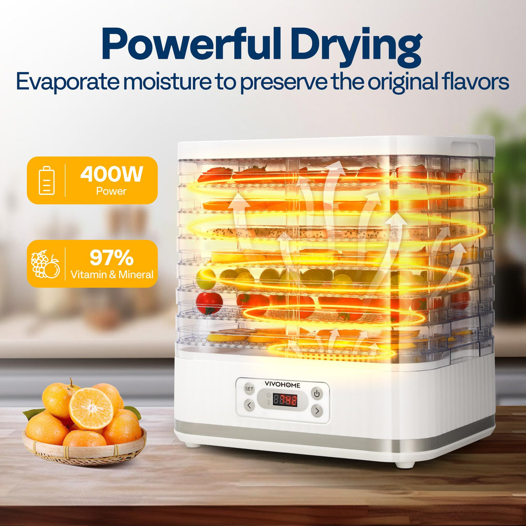 VIVOHOME Dörrautomat mit 8 Einlegefächern 400W BPA frei Dörrgerät mit Temperaturregler von 35°C bis 70°C inkl.72H Timer und Rezept für Fleisch,Obst,Haustier-Leckereieneo