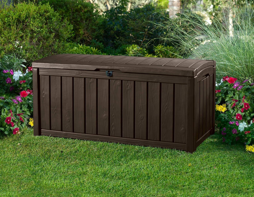 Keter Glenwood Kissenbox, Auflagenbox, 390 Liter Volumen, Wasserdicht, Braun, Holzoptik, Sitzbank für 2 Erwachsene,128x65x61cm, Allzwecktruhe