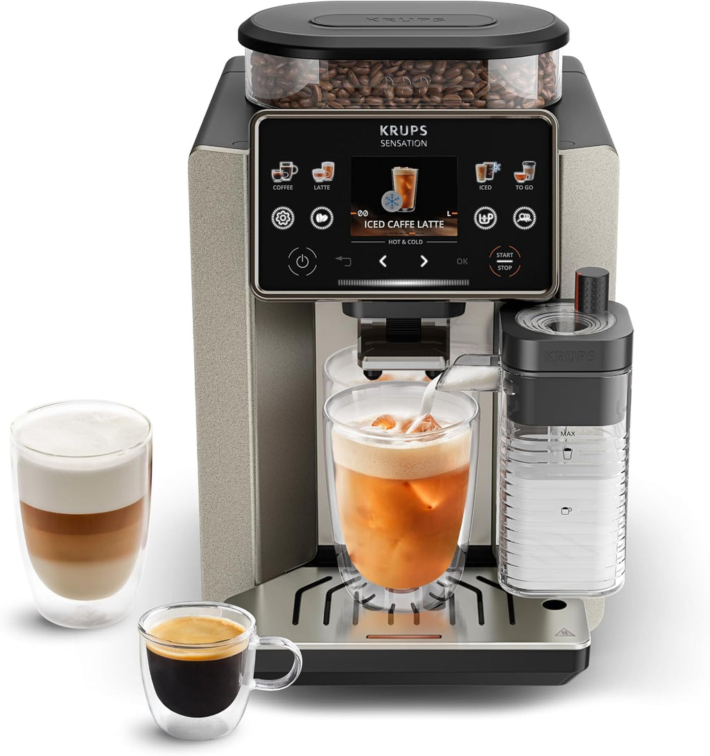 KRUPS Sensation Elite Kaffeevollautomat, 24 Heiß- und Kaltgetränke 2,8-Zoll-Bildschirm, Milk Maestro Technologie, Cold Brew Aroma Technologie, individualisierbare Favoriten, EA917EE0