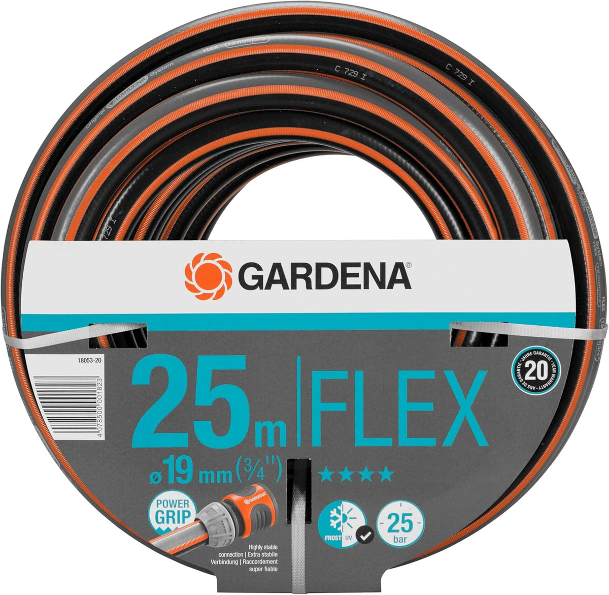 Gardena Comfort FLEX Schlauch 19 mm (3/4 Zoll), 25 m: Formstabiler, flexibler Gartenschlauch mit Power-Grip-Profil, aus hochwertigem Spiralgewebe, 25 bar Berstdruck, ohne Systemteile (18053-20)