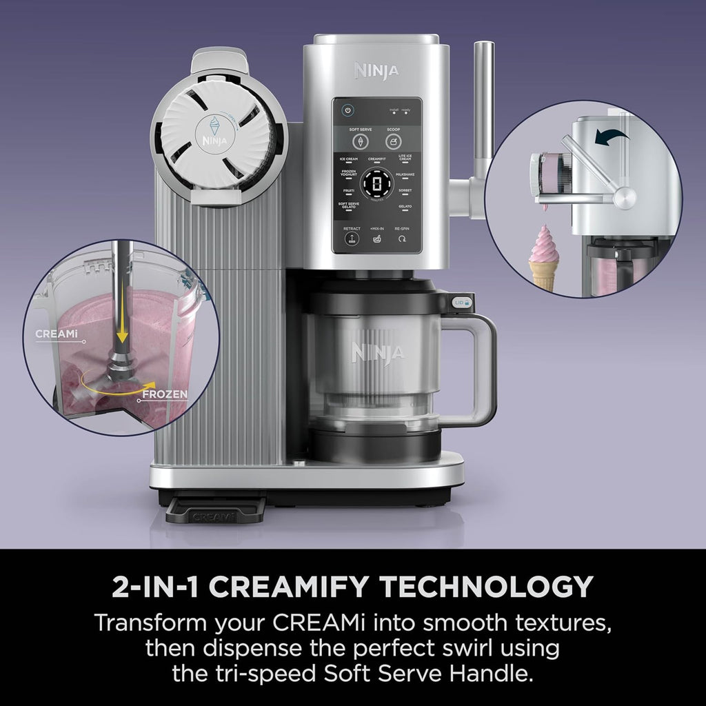 Ninja CREAMi Scoop and Swirl Soft Serve and Ice Cream Maker with 2x Tubs | 13 Functions, Makes Ice Cream, Soft Serve, Gelato, Sorbet, Milkshakes and More, Mix-In Option, Platinum Silver, NC701UK