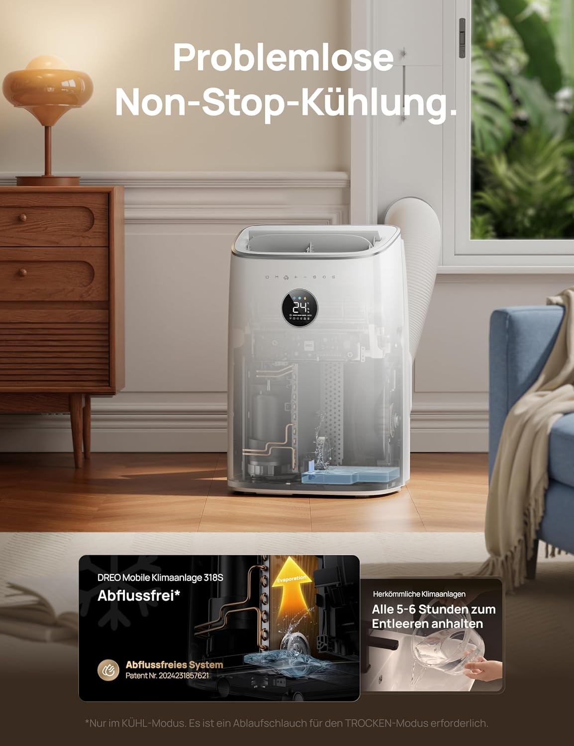 DREO Klimaanlage Mobil, 7.500 BTU Mobiles Klimagerät für Schlafzimmer & Büro, 3-in-1 Kühlen/Ventilieren/Entfeuchten, App-/Sprachsteuerung/Fernbedienung, drainagefrei, Fenster-Set, 2,5 L/h, AC318S