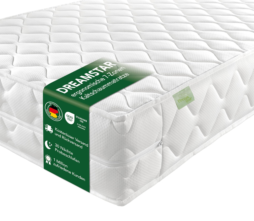 DREAMSTAR Ergo Flex XXL Duo 7-Zonen Matratze 140x200 cm | H2&H3 | Ergonomische Kaltschaummatratze | Hypoallergen & Antibakteriell | Bezug abnehmbar & waschbar | Öko-TEX® | (22cm, 140 x 200 cm)