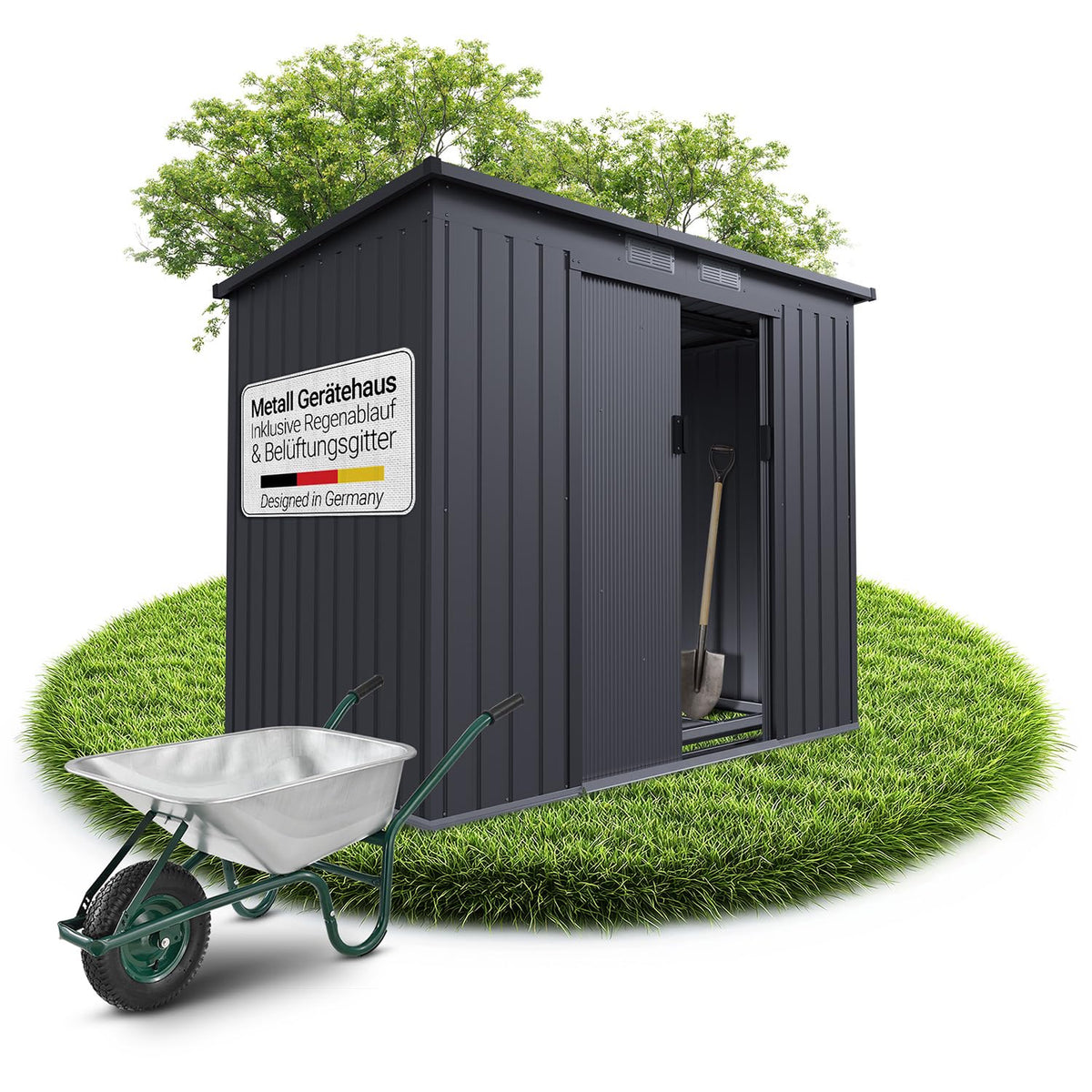 Juskys Geräteschuppen Metall XL – Gartenhaus & Gerätehaus mit Schiebetür, Fundamentrahmen & Schloss, wetterfester Gartenschrank zur Aufbewahrung – Dunkelgrau