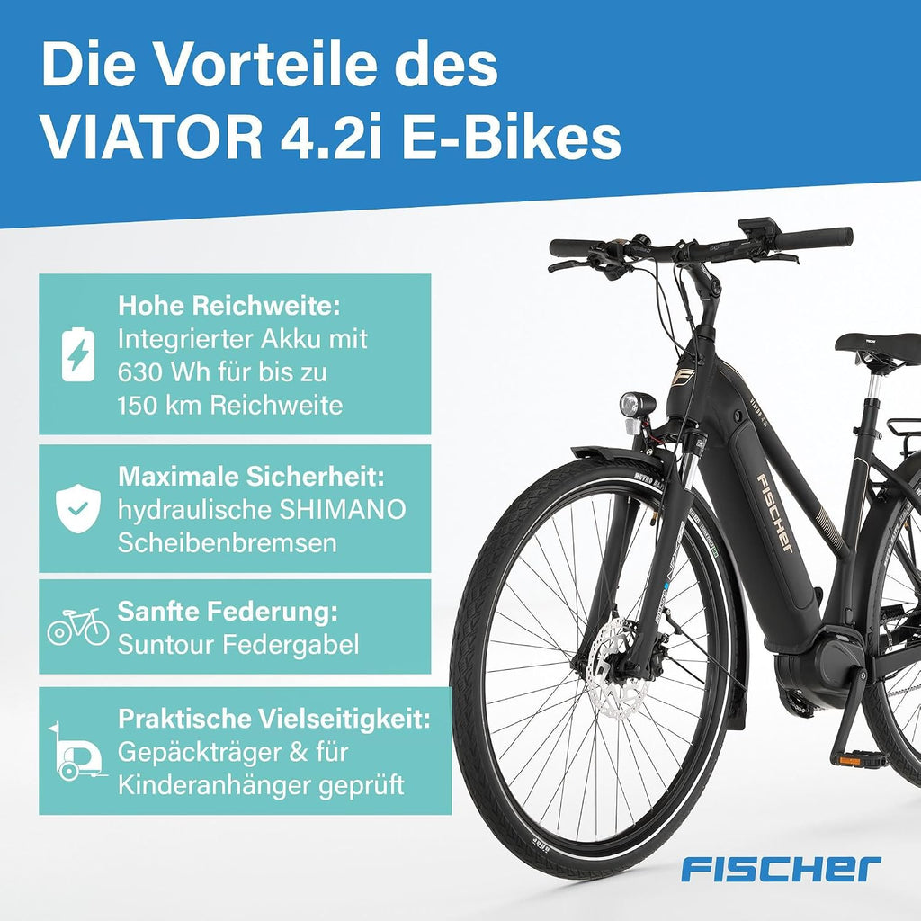 Fischer E-Bike Trekking VIATOR 4.2i Active Electric Bicycle for Men and Women, RH 50, Mid Motor 80 Nm, 36 V Battery