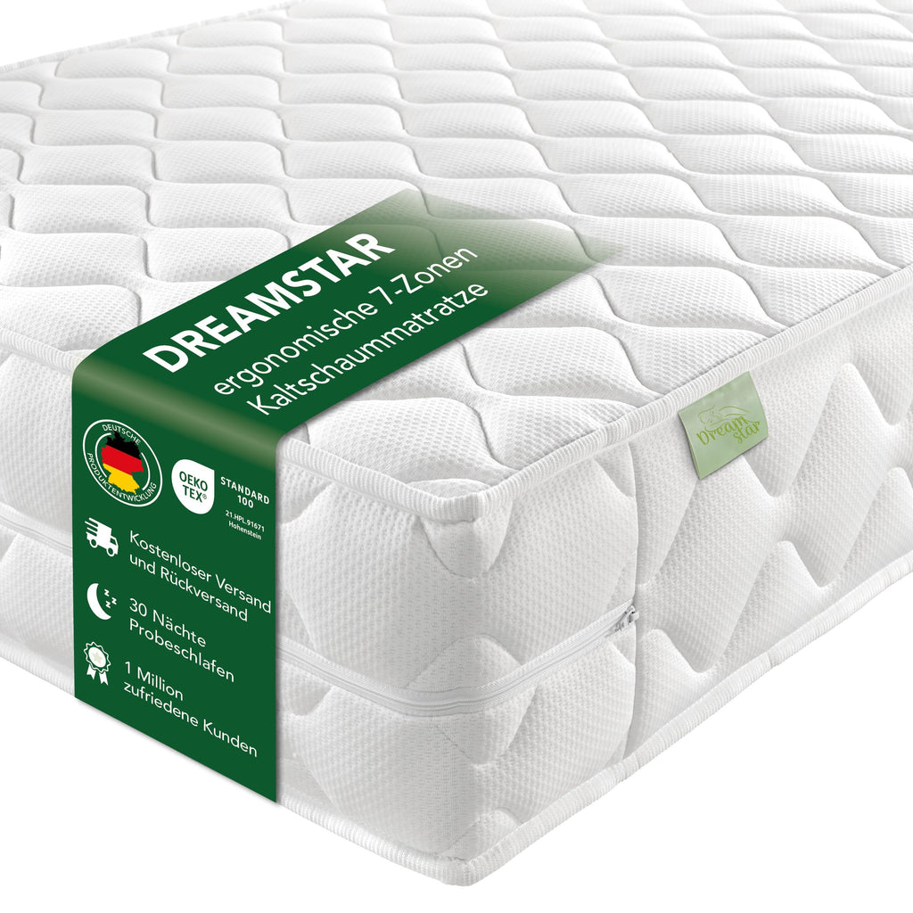 DREAMSTAR Ergo Flex XXL Duo 7-Zonen Matratze 140x200 cm | H2&H3 | Ergonomische Kaltschaummatratze | Hypoallergen & Antibakteriell | Bezug abnehmbar & waschbar | Öko-TEX® | (22cm, 140 x 200 cm)