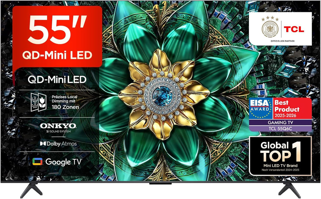 TCL 55Q6C 55 Zoll QD-Mini LED Fernseher, 4K HDR Premium 1000nits, Smart TV mit Google TV (Dolby Vision IQ & Atmos, Onkyo 2.1 Sound System, 144Hz Motion Clarity Pro, Game Master)