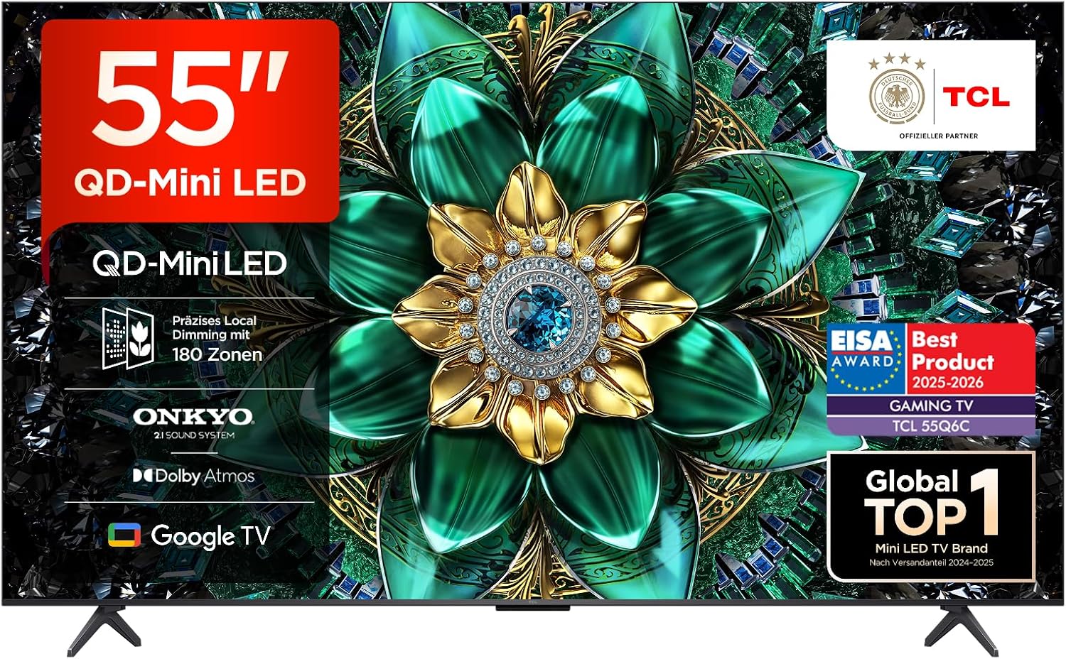 TCL 55Q6C 55 Zoll QD-Mini LED Fernseher, 4K HDR Premium 1000nits, Smart TV mit Google TV (Dolby Vision IQ & Atmos, Onkyo 2.1 Sound System, 144Hz Motion Clarity Pro, Game Master)