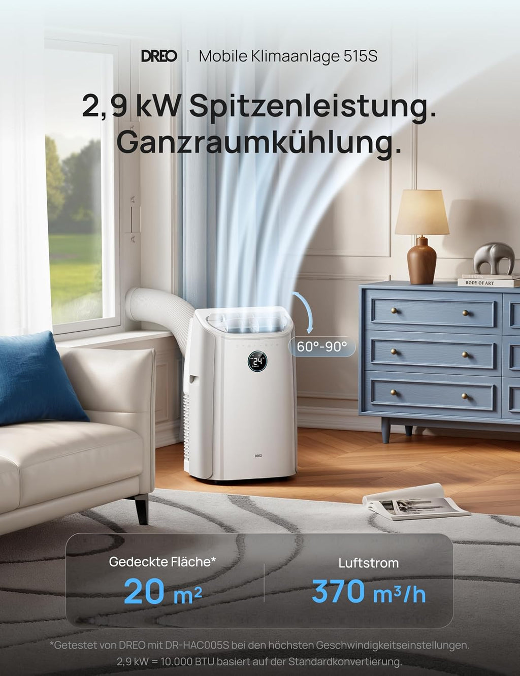 DREO Klimaanlage Mobil, 10.000 BTU Tragbares Klimagerät für Schlafzimmer, 3-in-1 Kühlen/Ventilieren/Entfeuchten, drainagefreie Kühlung, App-/Sprachsteuerung/Fernbedienung, 24h-Timer, AC515S