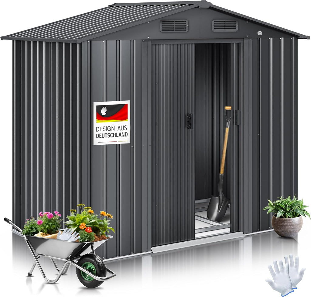 KESSER® XL Metall Gerätehaus 4,2m³ mit Fundament | Inkl. Arbeitshandschuhe | 195x131x186cm | 2X Schiebetür & Fundament | Geräteschuppen | Gartenhaus Schrank | Satteldachdach Garten Schuppen Anthrazit