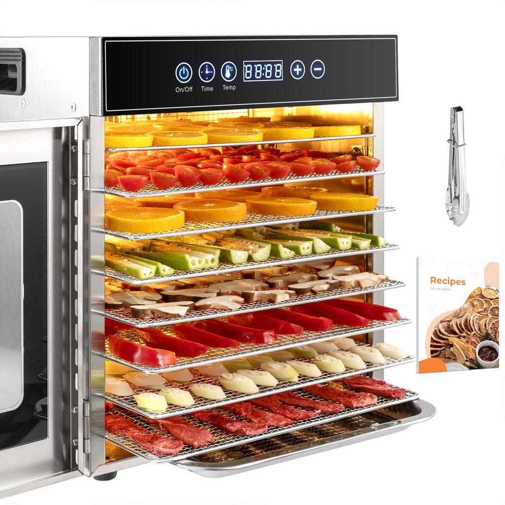 Kwasyo Dörrautomat Edelstahl DA 1000, XXL-Dörrfläche 1,8 m², Dörrgerät Temperatur einstellbar 30-90℃, LED-Display, 24 Std, BPA-frei, mit Rezeptheft, 10 Edelstahl-Dörrtablettso