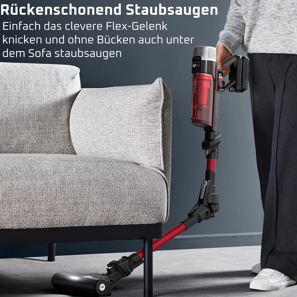 Rowenta X-Force Flex 9.60 Complete, Akku Stab-Staubsauger, tiefenreinigende Kraft, Akku Staubsauger mit 100 AW, vollständiges Reinigungsset, LED-Leuchten, kabellos, langlebiger Akku, rot, RH2099WO