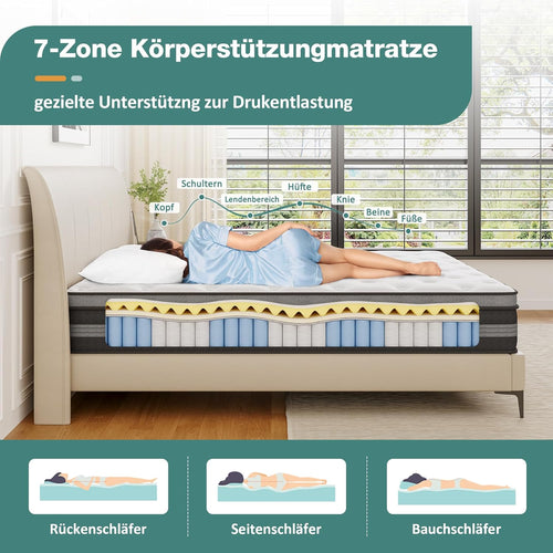 180x200 cm Matratze, 30cm höhe, H3 Taschenfederkernmatratze, Gel Memory Foam Hybrid, Taschenfederkern, Atmungsaktiv, Mittelfest, Druckentlastung, Federkernmatratzen Öko-Tex Zertifiziert