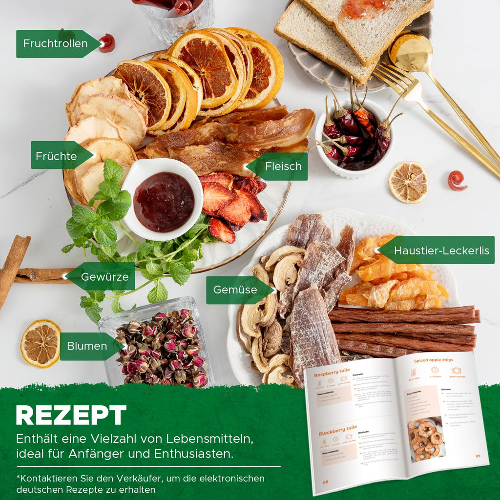 Kwasyo Dörrautomat Edelstahl DA 1000, XXL-Dörrfläche 1,8 m², Dörrgerät Temperatur einstellbar 30-90℃, LED-Display, 24 Std, BPA-frei, mit Rezeptheft, 10 Edelstahl-Dörrtablettso
