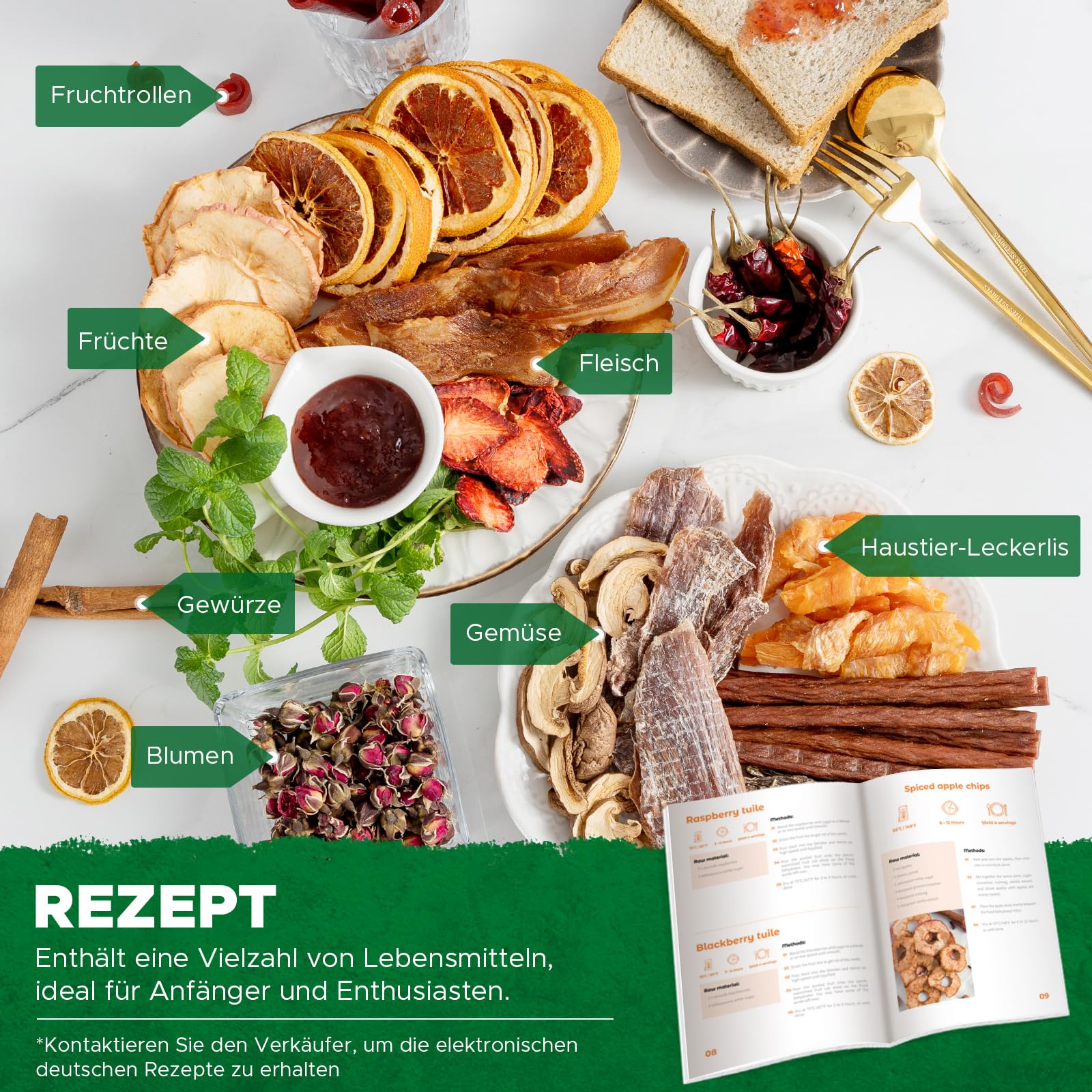 Kwasyo Dörrautomat Edelstahl DA 1000, XXL-Dörrfläche 1,8 m², Dörrgerät Temperatur einstellbar 30-90℃, LED-Display, 24 Std, BPA-frei, mit Rezeptheft, 10 Edelstahl-Dörrtablettso